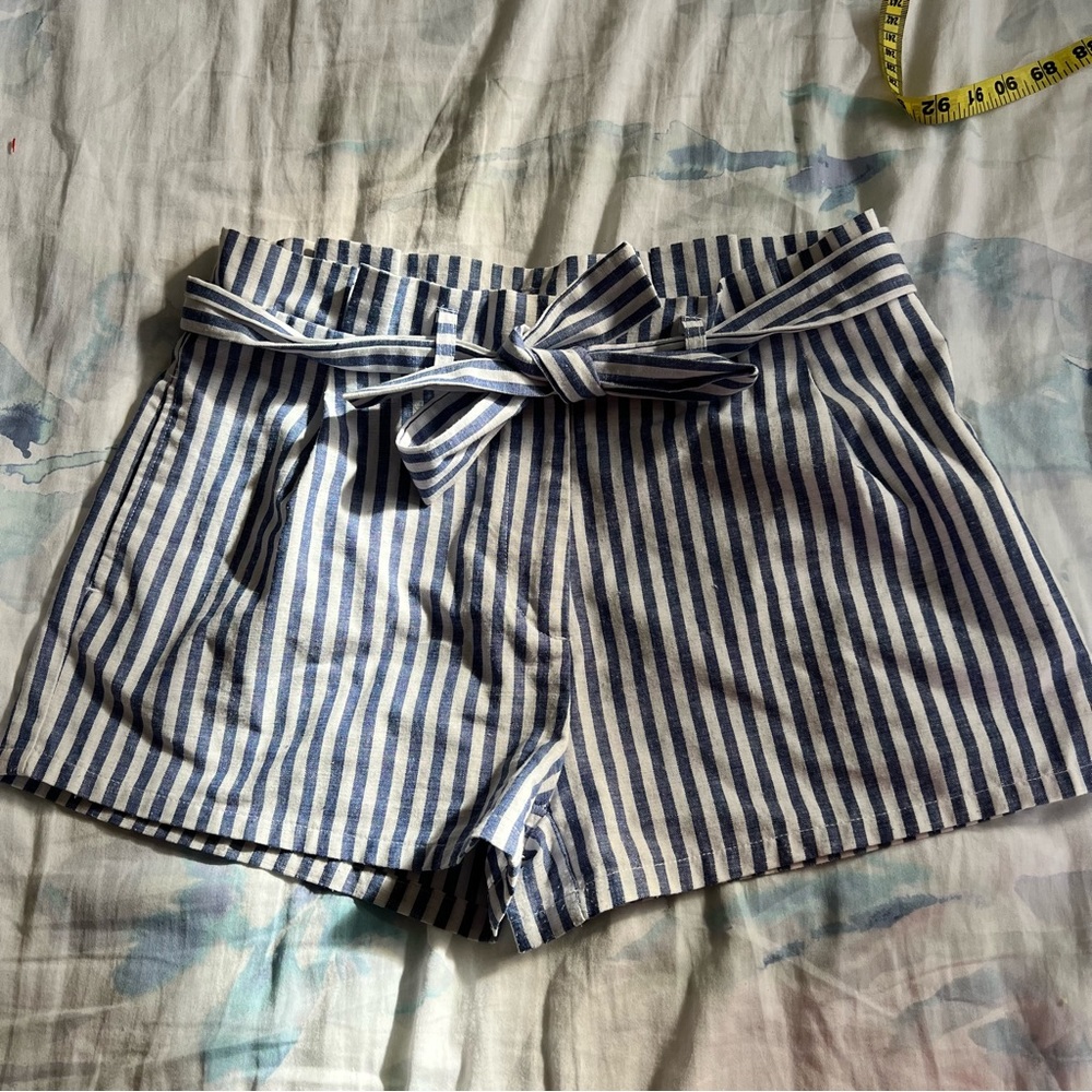 blue and white pinstripe shorts